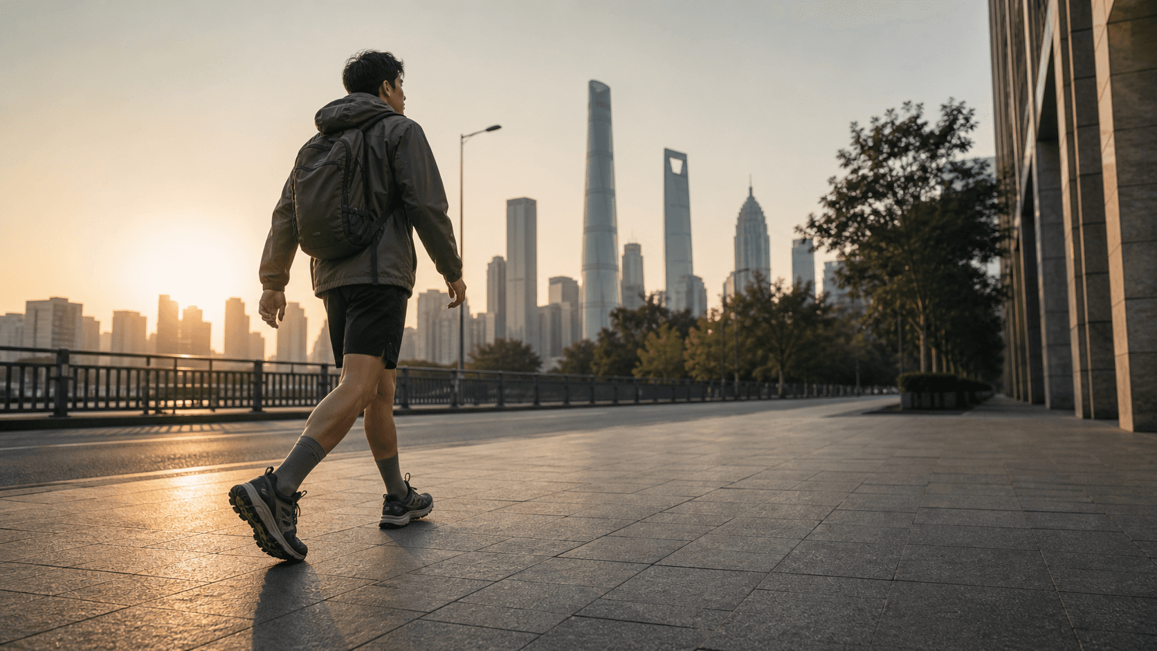 一位中国户外爱好者在城市清晨背包前行，脚穿户外鞋与中筒袜。