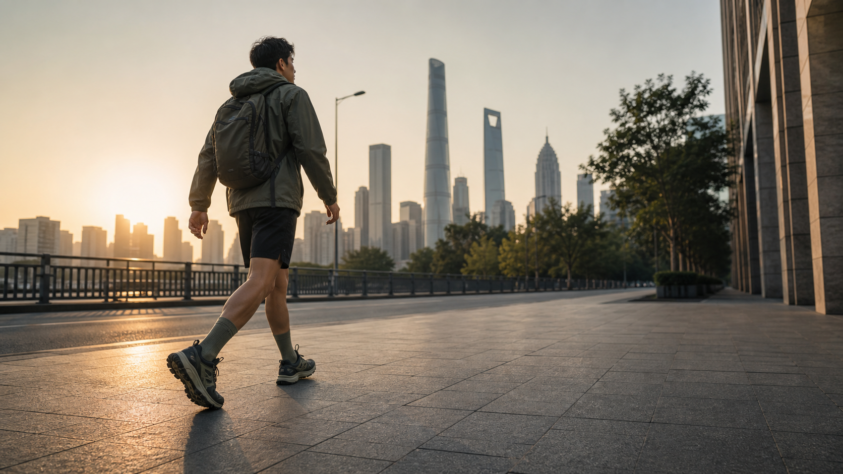 一位中国户外爱好者在城市清晨背包前行，脚穿户外鞋与中筒袜。