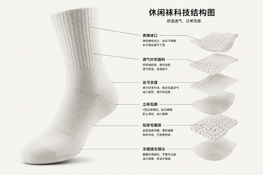 浅色背景上的白色休闲袜结构展示图，包含袜身主体、左侧结构示意与多个局部结构图块。