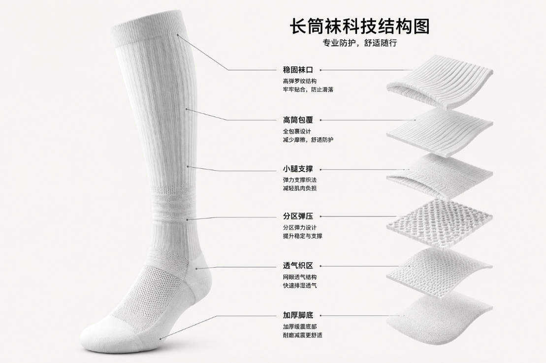 浅色背景上的白色长筒袜结构展示图，包含袜身主体、左侧结构示意与右侧多个局部结构图块。